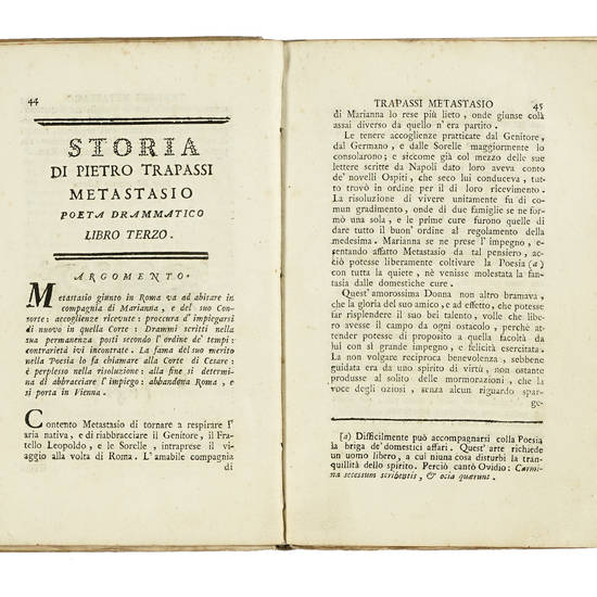 Storia dell'Abate Pietro Trapassi Metastasio Poeta Drammatico corredata di note, e di molte sue lettere. (Segue:) Lettere del..Pietro Trapassi Metastasio Poeta Cesareo...(Segue:) Compendio della Vita del Celebre Pietro Metastasio...scritta dal Sig. Giusep Storia dell'Abate Pietro Trapassi Metastasio Poeta Drammatico corredata di note, e di molte sue lettere. (Segue:) Lettere del..Pietro Trapassi Metastasio Poeta Cesareo...(Segue:) Compendio della Vita del Celebre Pietro Metastasio...scritta dal Sig. Giusep