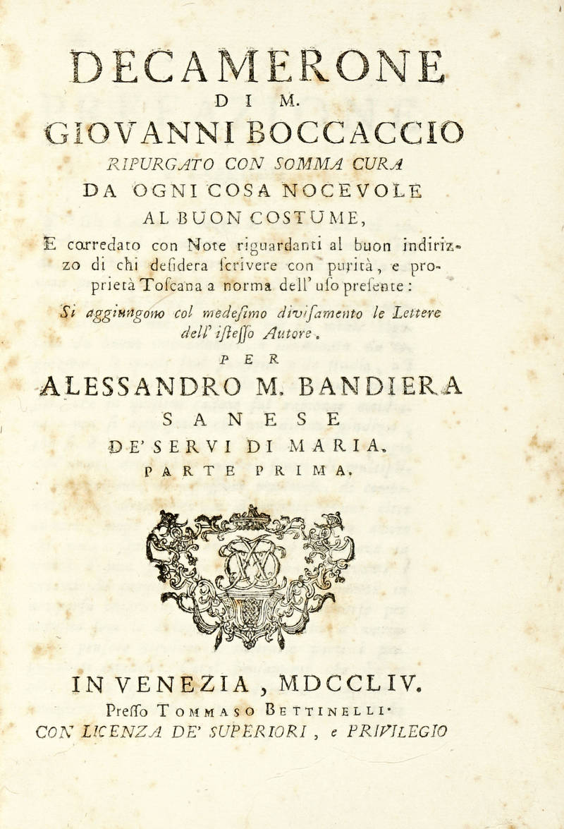 Decamerone ...ripurgato con somma cura da ogni cosa nocevole al buon costume...