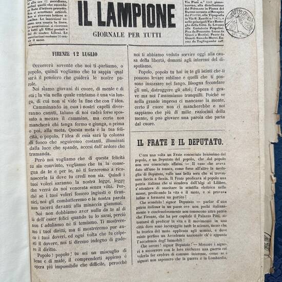 LAMPIONE (IL). Giornale per tutti. Dal N.1 del 13 Luglio 1848 al N.217 del 5 Aprile 1849.