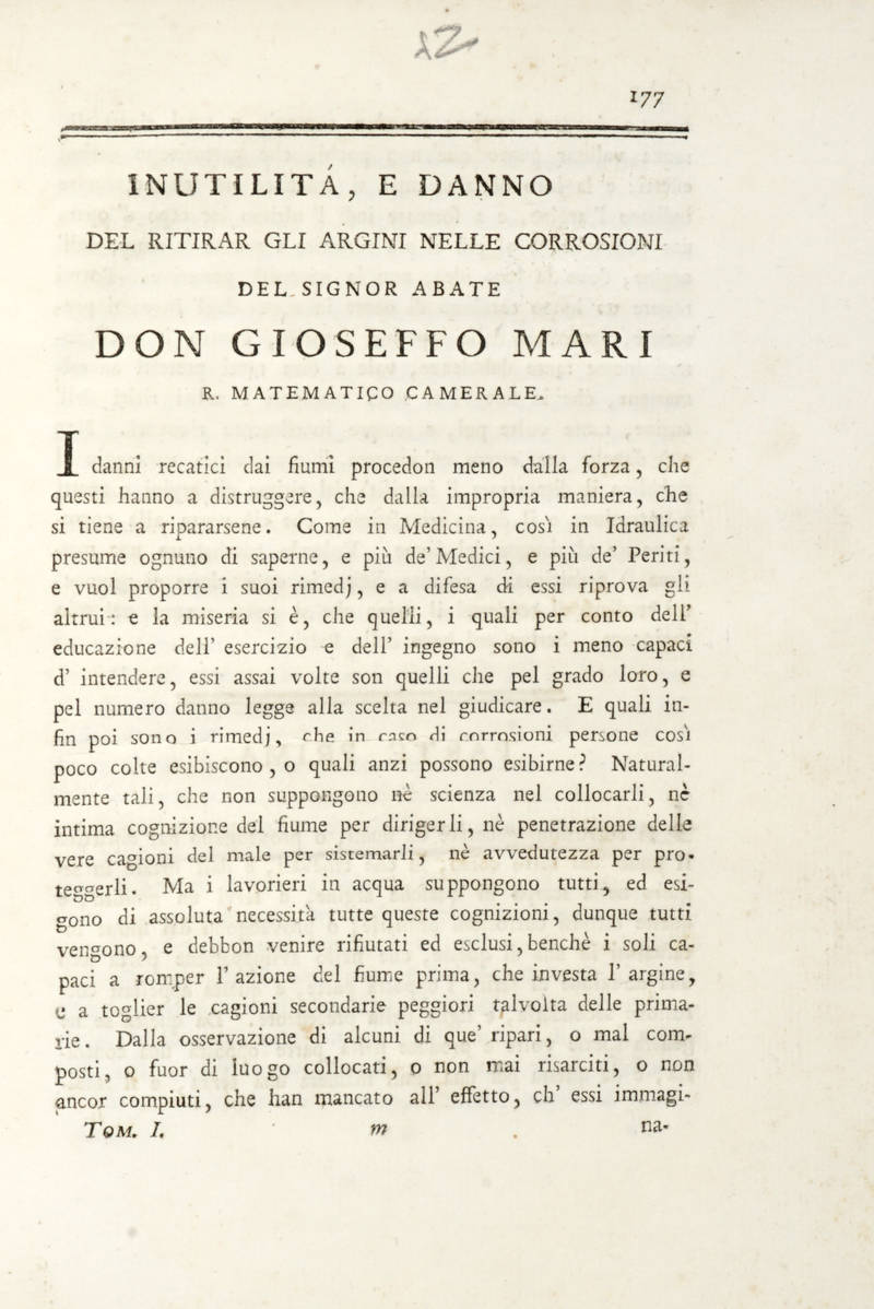 Inutilità, e danno del ritirar gli argini nelle corrosioni. (Estr.).