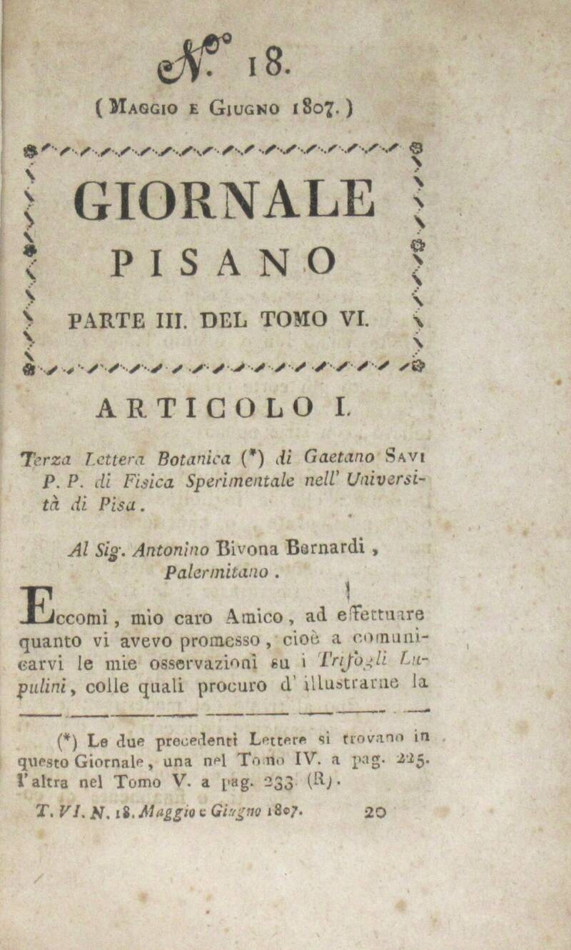 GIORNALE PISANO. Parte III del tomo VI (maggio-giugno 1807).