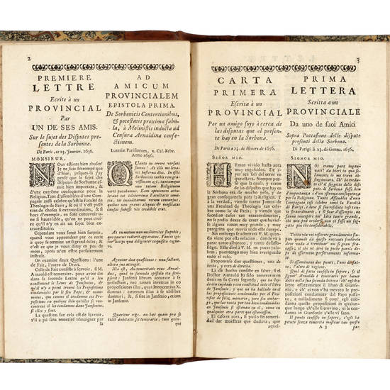 Les Provinciales ou Lettres esctittes par Louis de Montalte, à un Provincial de ses amis & aux RR. PP. Jesuites, sur la Morale & la Politique de ces Peres. Traduit en Latin par Guillaume Wendrock..., en Espagnol par le S.r Gratien Cordero...et en Italien