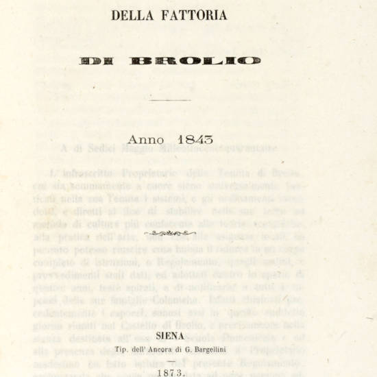 Regolamento Agrario della Fattoria di Brolio. Anno 1843.