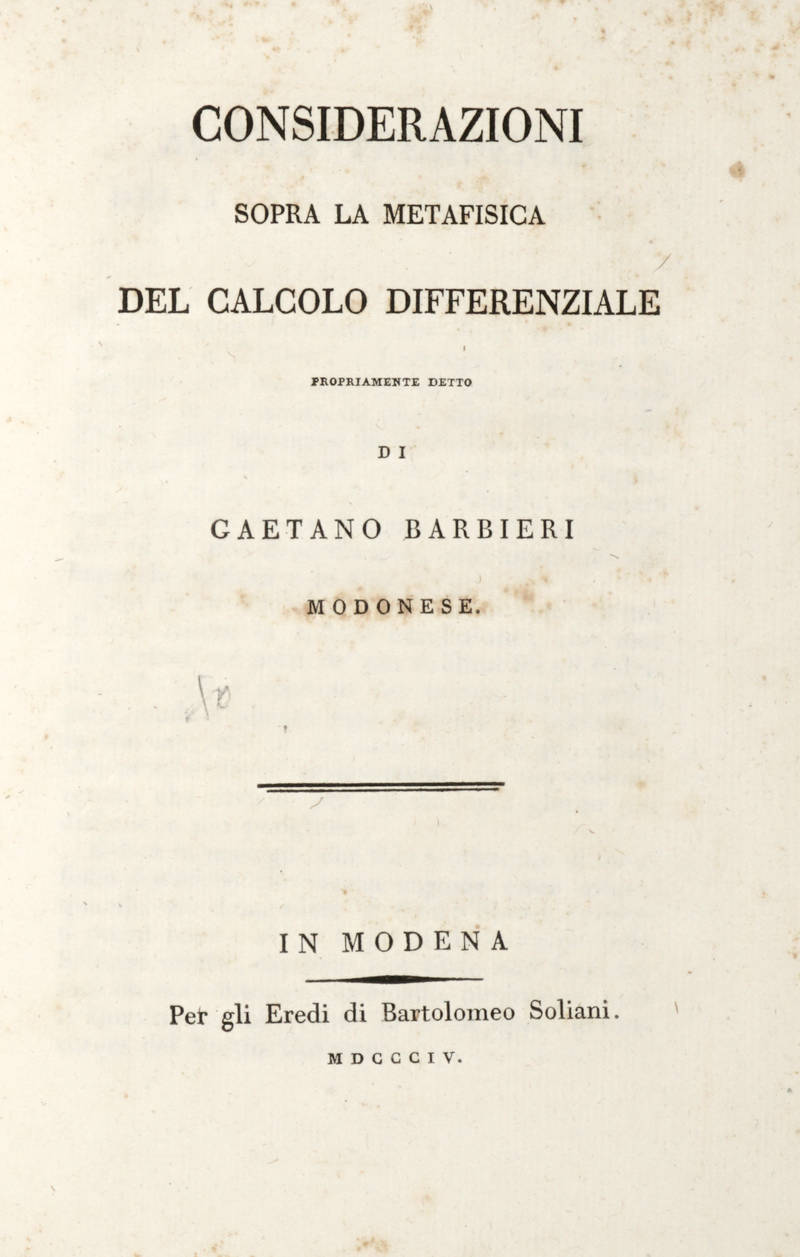 Considerazioni sopra la metafisica del calcolo differenziale.