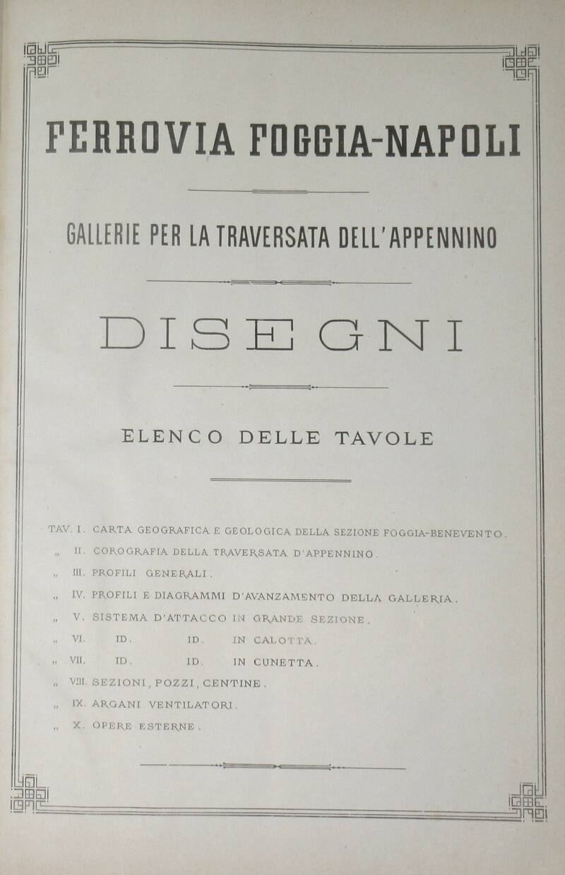 FERROVIA Foggia-Napoli. Gallerie per la traversata dell'Appennino. Disegni.