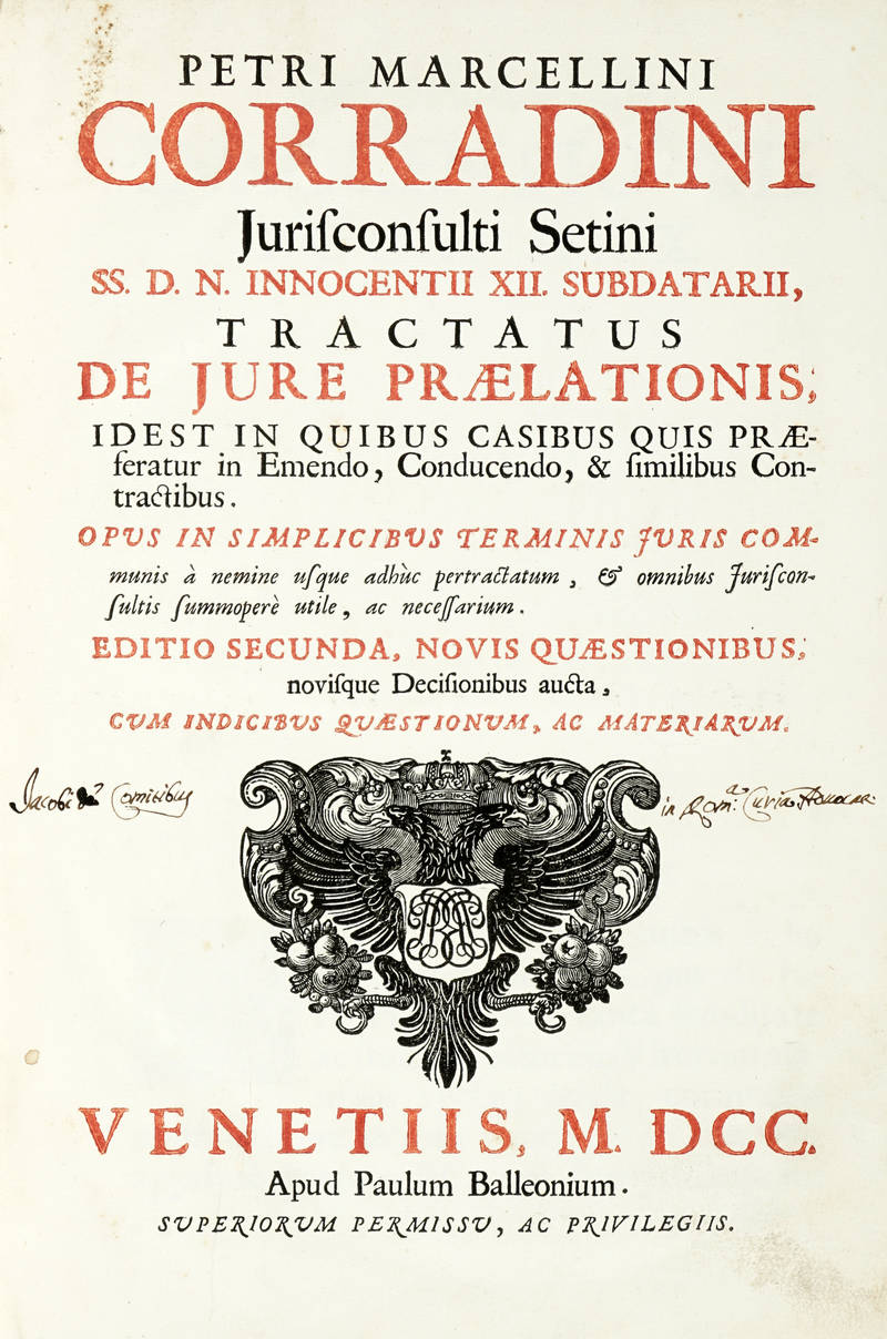 Tractatus De Jure Praelationis; Id est in quibus Casibus quis praeferatur in Emendo, Comducendo, & Similibus Contractibus...Opus..Editio Secunda...